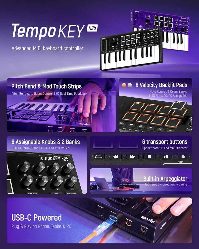 Synido 25 Key USB MIDI Keyboard Controller with 8 Drum Pads, Professional Mini Midi Keyboard with OLED Screen, Beat Maker Machine for Music Production, Black, TempoKey K25 - Image 2